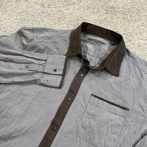 7 Diamonds Snap Shirt M Gray Brown Trim Long Sleeve Button Front Modern Casual